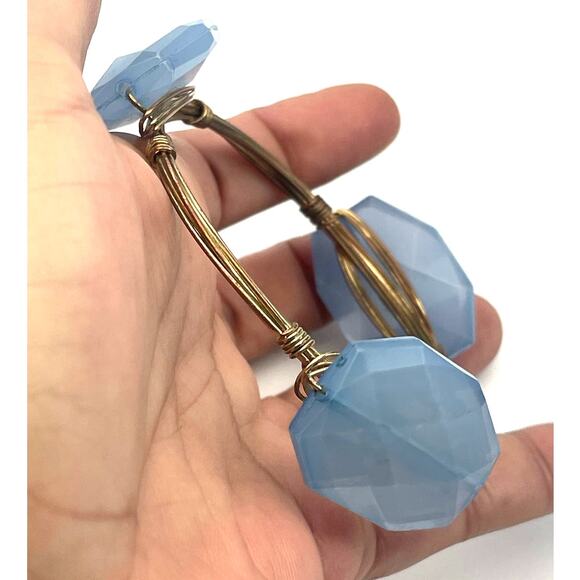 Vintage Blue Faux Stone Wrapped Wire Bangle Bracelet B18 - Picture 3 of 12